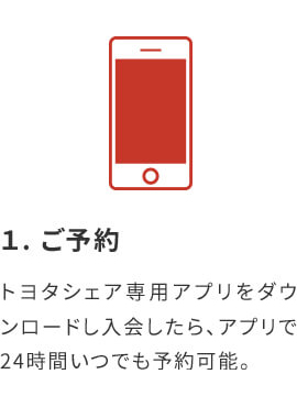 1 ご予約 トヨタシェア専用アプリをダウンロードし入会したら、アプリで24時間いつでも予約可能。