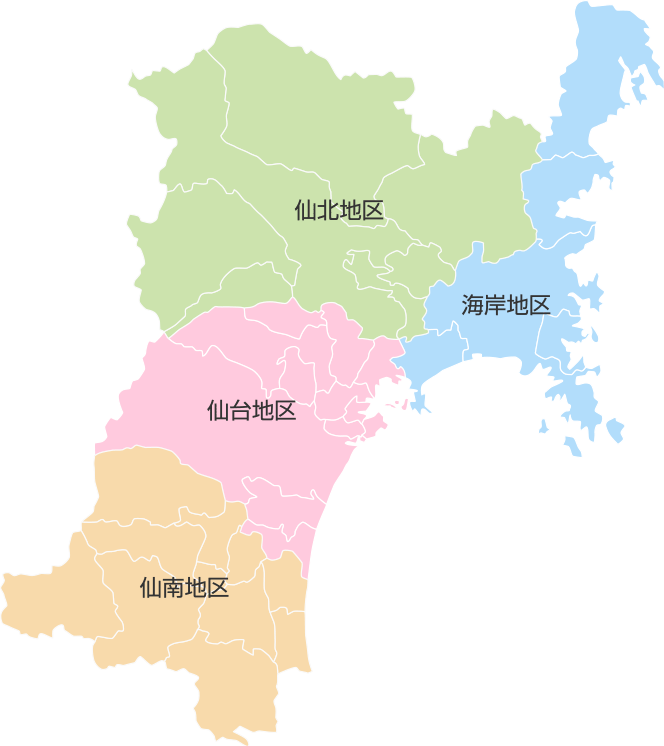 販売店所在地を仙台地区、仙南地区、仙北地区、海岸地区の4つのエリアに分けております。